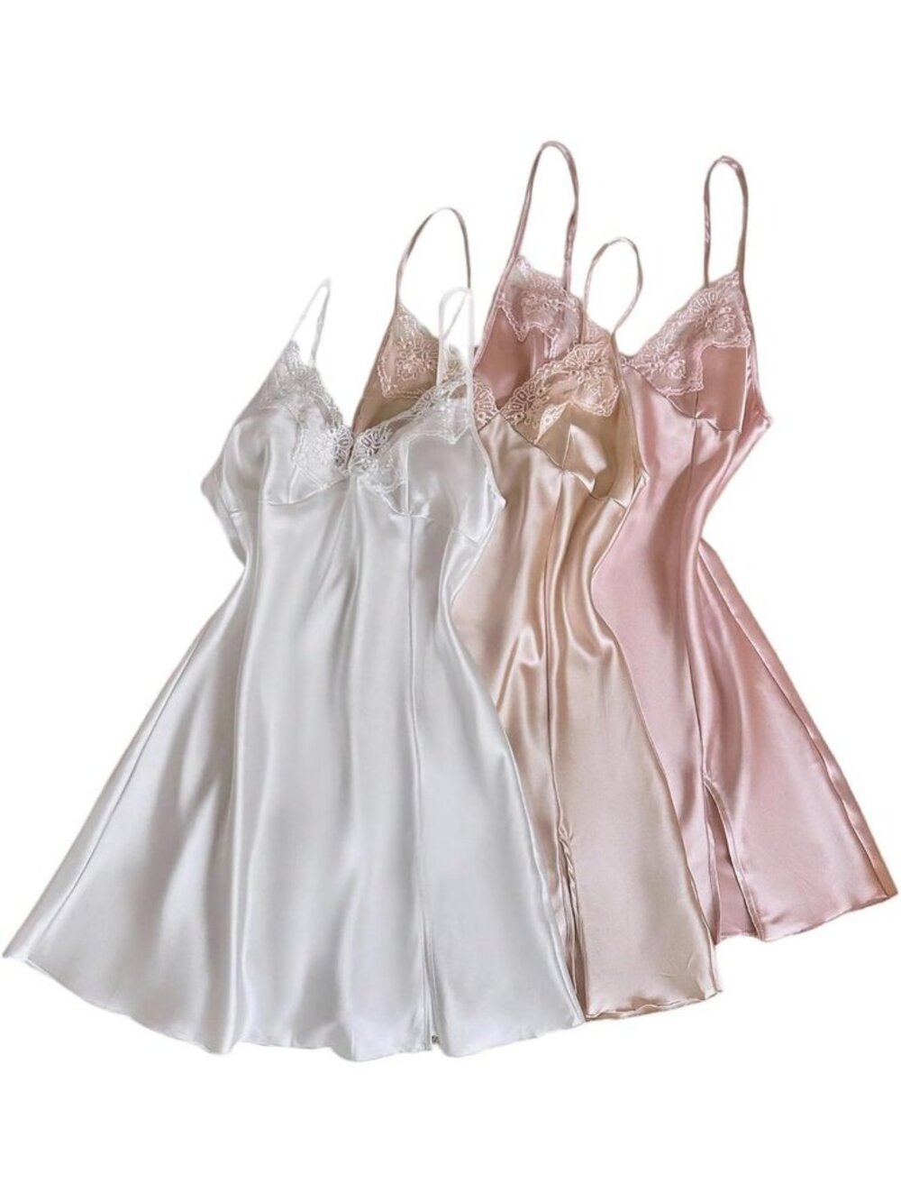 Elegant Lace Trim Satin Nightgowns - 3 Pack Spaghetti Strap V Neck Sleepwear